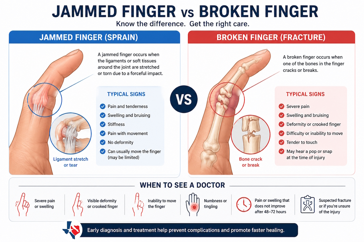 jammed finger swelling vs broken finger comparison infographic
