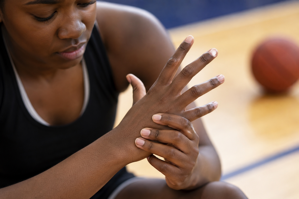 jammed finger athlete inspecting her hand injury