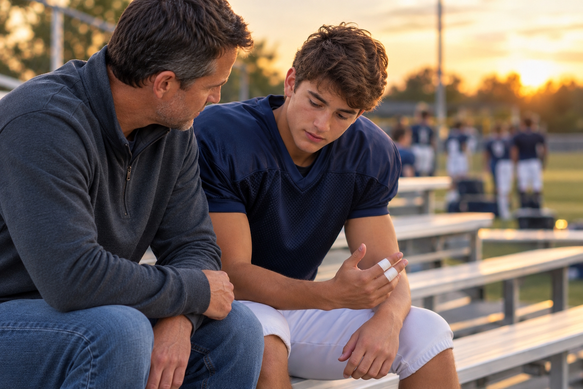 fall sports hand injury football guidance at sunset